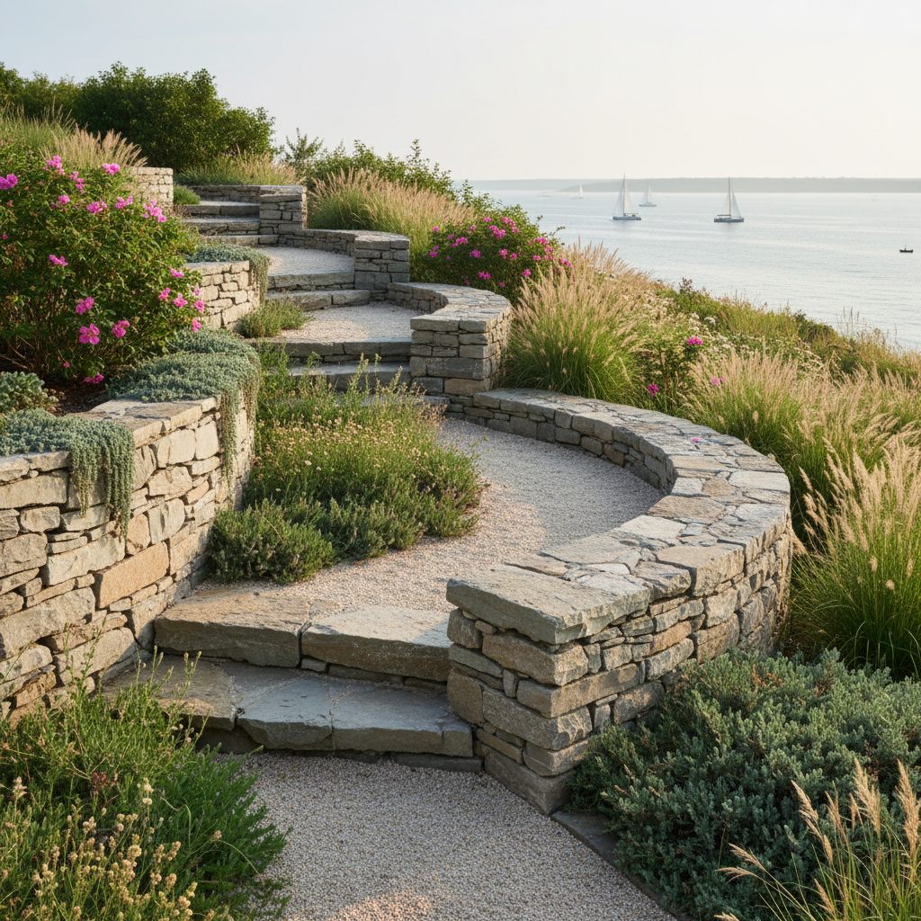 A coastal bluff property overlooking Narragansett Bay, transformed with terraced stone retaining walls that step gracefully down a gentle slope, each level filled with drought-tolerant native plantings such as beach rose, switchgrass, and creeping juniper. The natural stone has varied gray and sandy tones, with rough textures that catch the soft, hazy late-morning seaside light. A winding crushed-shell pathway connects the terraces, leading the eye toward the distant, softly blurred water and sailboats. Photographed from a mid-height, three-quarter angle using the rule of thirds, the composition balances structural engineering with organic coastal beauty. The scene feels tranquil, resilient, and distinctly New England, rendered in crisp photographic realism to showcase expertise in challenging coastal landscapes.